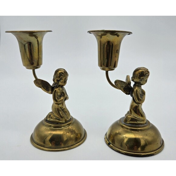 Vintage Brass Angel Candlestick Holders Praying Winged Figures Religious Decor - Picture 4 of 7